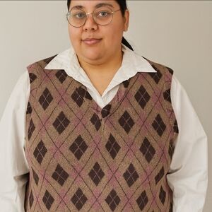 Fiorlini Brown Argylle Vintage Preppy Classic 2 In 1 Shirt Plus Sz 26/28